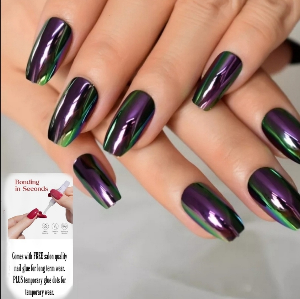 2/$30 Mirror holographic 💅NAILS glue on OR press on W/ GLUE, TABS & FILE